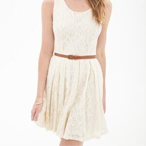 White Lace Fit Flare Dress Sleeveless Belted Lined Mini Womens Small